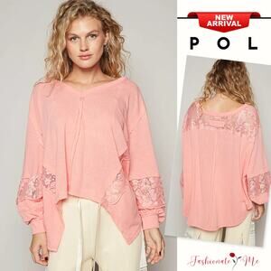 POL V-Neck Long Sleeves Delicate Lace Details High-Low Oversized T-Shirt | Blush